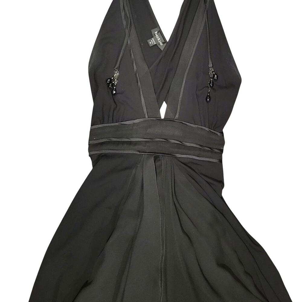 Vintage Bebe Black Dress – Crisscross Back, Silk & Beaded Detail – Size S